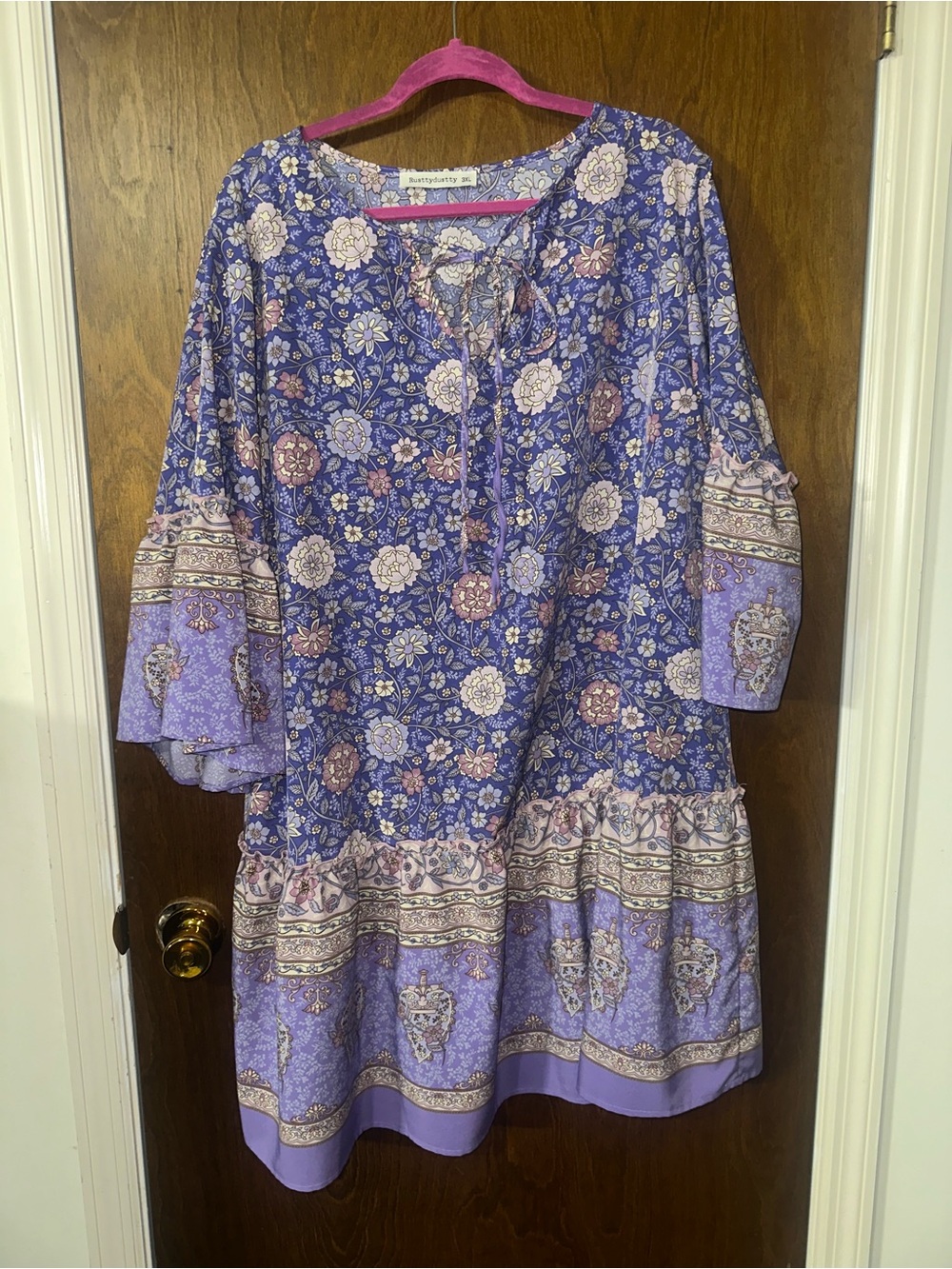 Rusttydustty Women’s 3XL Purple Floral Boho Midi Dress Bell Sleeve